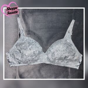 Victoria's Secret Rare Vintage Y2K Lined Satin Lace Bra Silver Blue Size 34B